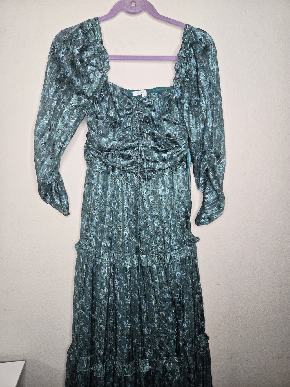 Teal Paisley Long-Sleeve Maxi Dress with Ruched Bodice